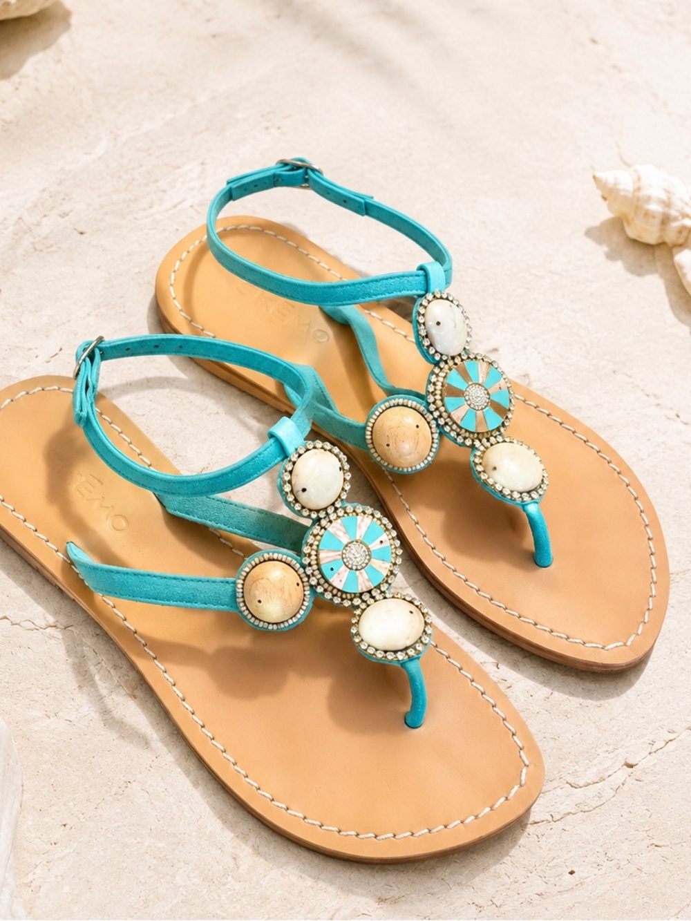 SKEMO Turquoise Embellished Leather Sandals